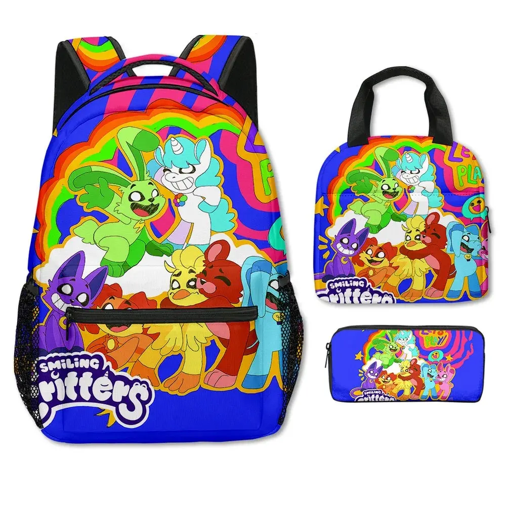 Cartoon Novelty Cool smiling critters 3D Print 3 pcs Set  Laptop Backpack Crossbody Lunch bag Pencil Case