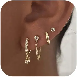 Gold Earring Stack for Women, Dainty Gold Earrings Set 14k Gold Plated CZ Chain Earrings for Women Trendy Hypoallergenic Huggie Earrings Statement Dangle Drop Earrings Fashion Jewelry Set