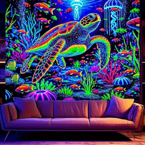 1 PC, 2D Flat Polyester Fluorescent Rug, Fluorescent Underwater World, UV Black Light Reaction Rug, highly suitable for living room, bedroom, office, home decoration, room decoration, party decoration, wall hanging