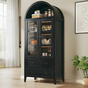 71" Tall Arched Kitchen Pantry, Pantry Cabinet, Kitchen Storage Cabinets with 2 Large Drawers & Adjustable Shelves & Glass Door for Living Room, Dining Room, Black