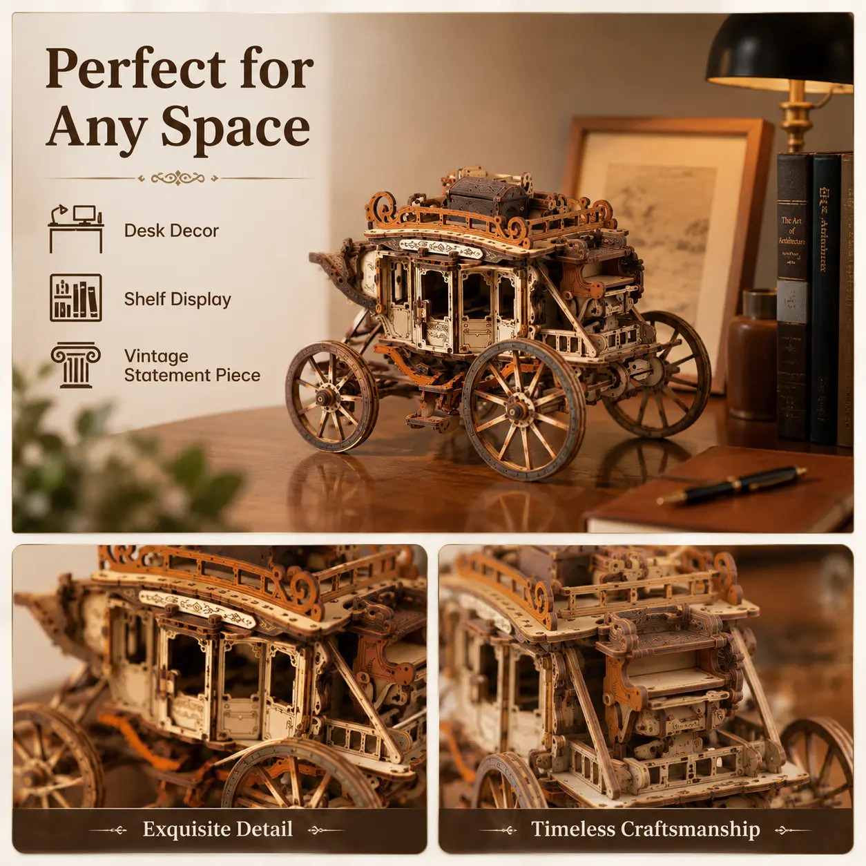 【ROBOTIME】Wooden Stagecoach Mechanical Music Box - 3D Buildable STEM Puzzle Kit, Hands-On Crafting Stress Relief Toy, Gift for Adults for Graduation, Valentine’s Day, Birthday glitter ball rubber band Reusable Fidget Skin Picking Pad