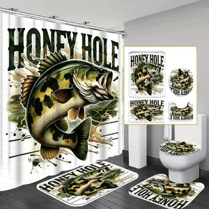 Fishing Themed Bathroom Decor, 4 Counts/set Including Shower Curtain & Toilet U-shape Mat & Bathroom Mat & Toilet Lid Cover, Bathroom Decor Supplies