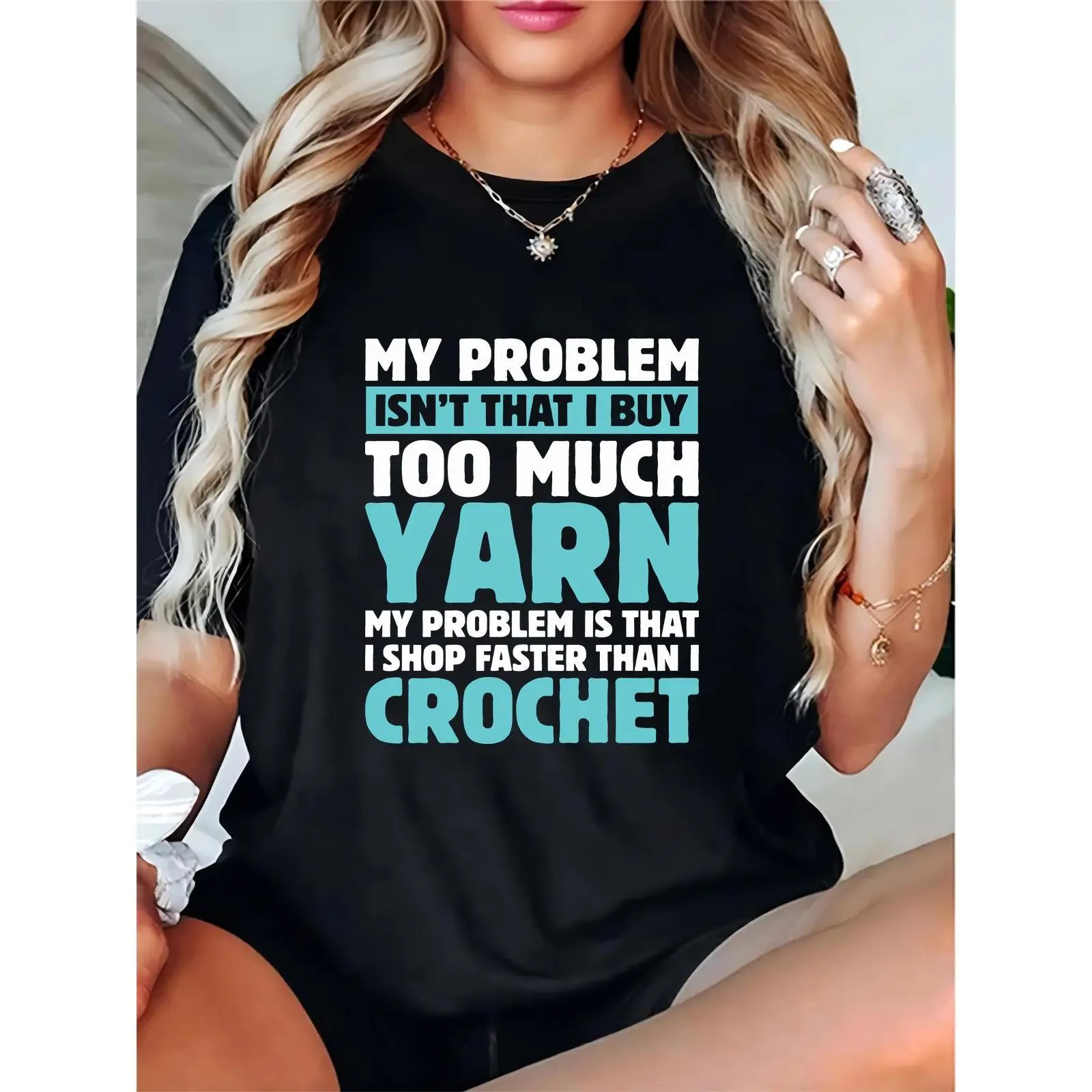 Women's Cotton Short-Sleeve Round Neck Regular Fit Funny Yarn Crochet T-Shirt - Ladies Simple Graphic Top with "I Shop Faster Than I Crochet" Text, Craft Lover Gift for Crocheters, Casual Daily Essential (Black, Size L)