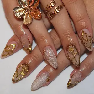 SHEDARES Rose Vintage Heirloom – Handmade Stiletto Press-On Nails with Gold Rose Sculptures, Vintage Lace Details & Antique Glam Finish｜Elegant Everyday, Holiday Party & Romantic Date