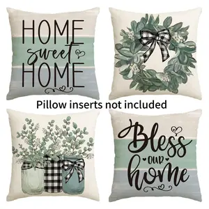 4PCS Spring and summer style colorlife Fall Sweet Home Eucalyptus Lamb Ear Wreath Throw Pillow Covers, 16x16 18x18 20x20 Inch Bless Our Home Buffalo Plaid Cushion Case for Sofa Couch Set of 4