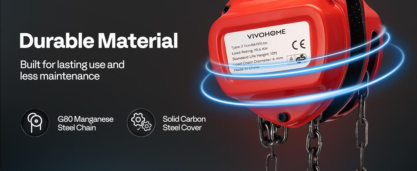 VIVOHOME Chain Hoist 3 Ton 10ft Red, Mini Chain Hoist 6600Lbs, Heavy Duty Pulley Hoist with G80 Manganese Steel Chain, Manual Chain Fall for Garages, Warehouses, and Automotive Tasks