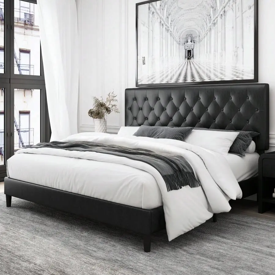 Upholstered Full/Queen/King Size Bed Frame With Button Tufted Headboard, Faux Leather Platform Bed Frame With Strong Wood Slats Support, No Box Spring Needed Noise Free Easy Assemble, White/Black