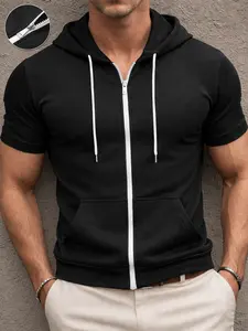 Men's Short Sleeve Hooded Zip Up Jacket Black White Color Block Slim Fit Casual Top High Elastic Breathable Daily Wear With Pocket Trendy Minimalist Spring Summer New Pullover