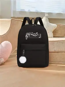 Nylon Backpack with Music Notes Print, Adjustable Straps, Zip Closure, Casual All-Season Bag for School, Travel, Commute