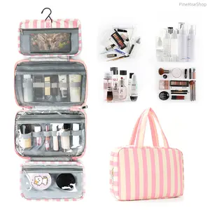 PineRiseShop Four-Fold Striped Toiletry Bag Wet Dry Separation Cosmetic Organizer Large Capacity Portable Travel Makeup Bag for Travel Essentials