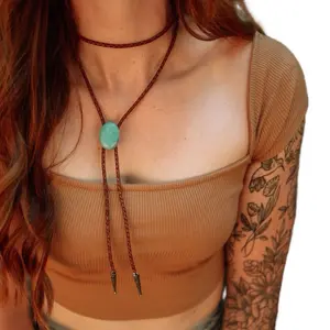 Turquoise Choker Bolo Necklace - Adjustable Cord, Synthetic Turquoise Gemstone, Western Style, Perfect for Gifting & Family Photos