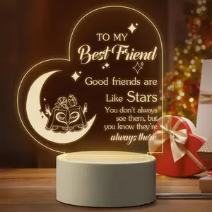 Heart Acrylic LED Night Light - Celestial Moon and Stars Desk Lamp, Sentimental BFF Birthday Gift, Long-Distance Friendship Appreciation Plaque, Cute Room Decor for Bestie