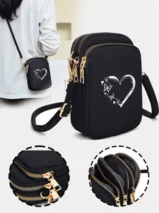 Fashion Butterfly Heart Print Crossbody Bag, Small Oxford Multi-Pocket Shoulder Phone Bag, Zipper, Adjustable Strap, Chic Bag, Multi Pocket Purse