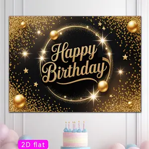 Black and Gold Star Happy Birthday Party Banner Tapestry - Polyester Photo Backdrop, Wall Hanging Decoration for Home, Garden, Events; Ideal Gift for Festive & Party Supplies