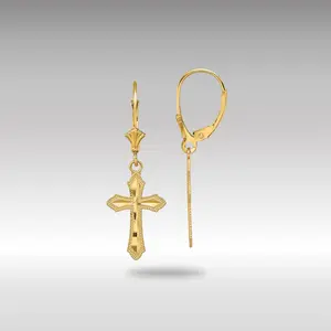 14K Gold Diamond Cut Cross with Beaded Edge Leverback Earrings - Model TF1778