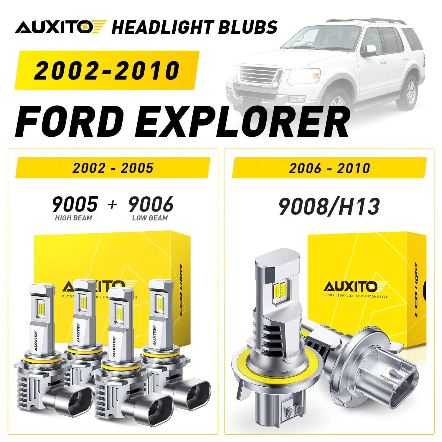 For 2002-2010 Ford Explorer AUXITO LED Headlight Bulbs, 9005 High Beam & 9006 Low Beam (2002-2005), 9008/H13 (2006-2010), 40000LM 6500K Cool White,Anti-glare,CANBUS Ready,No error,No Flickering, Plug and Play