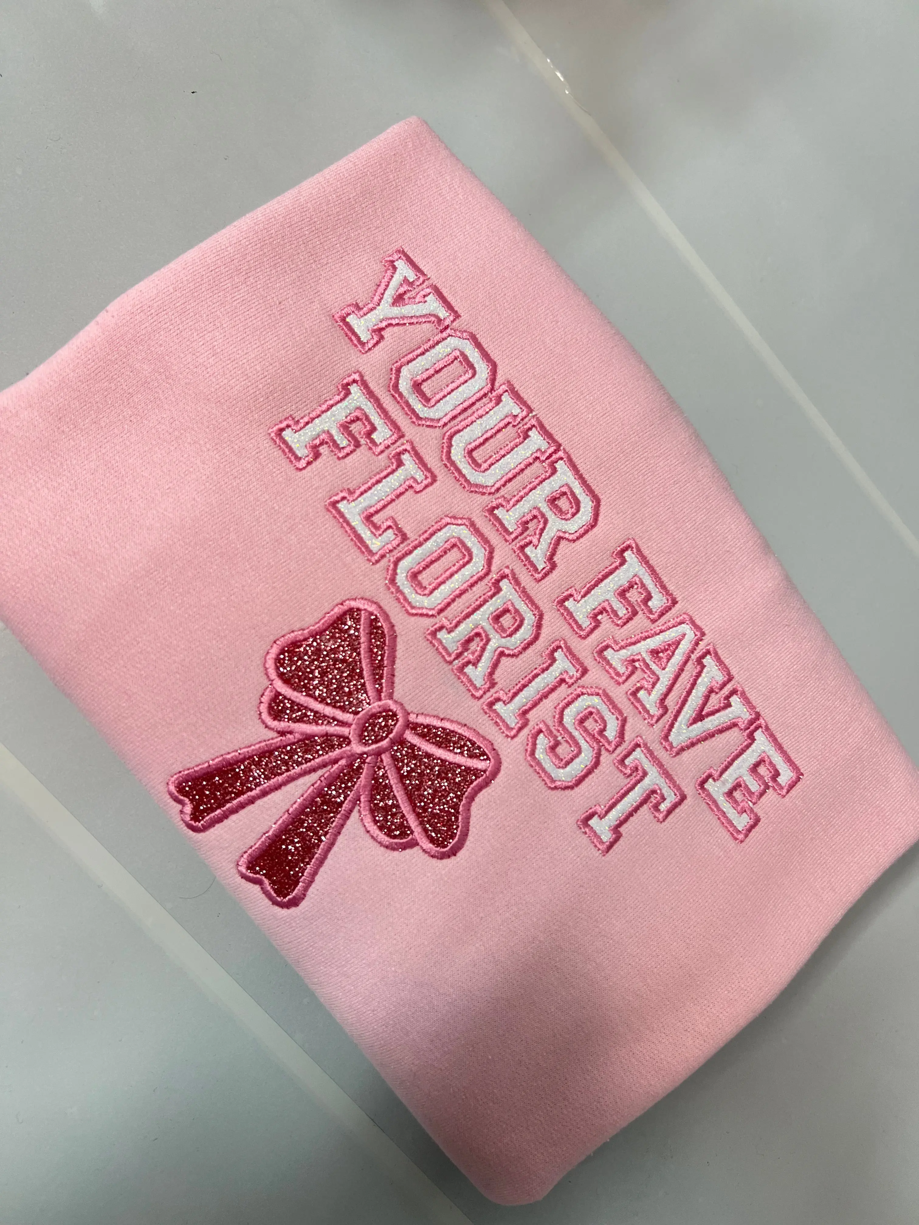Your Favorite Florist Crewneck – Pink Glitter with Bow