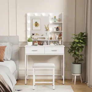 Lifewit Vanity Desk Set with Mirror and Lights, White Makeup Table with 2 Drawers & Chair 3 Adjustable Brightness Wooden Top Iron Frame Mothers Day Gifts