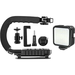U/C Shape Video Action Stabilizing Handle Grip Handheld Stabilizer Kit with Phone Clamp + LED Studio Light for    Cameras and  DV Camera Smartphones