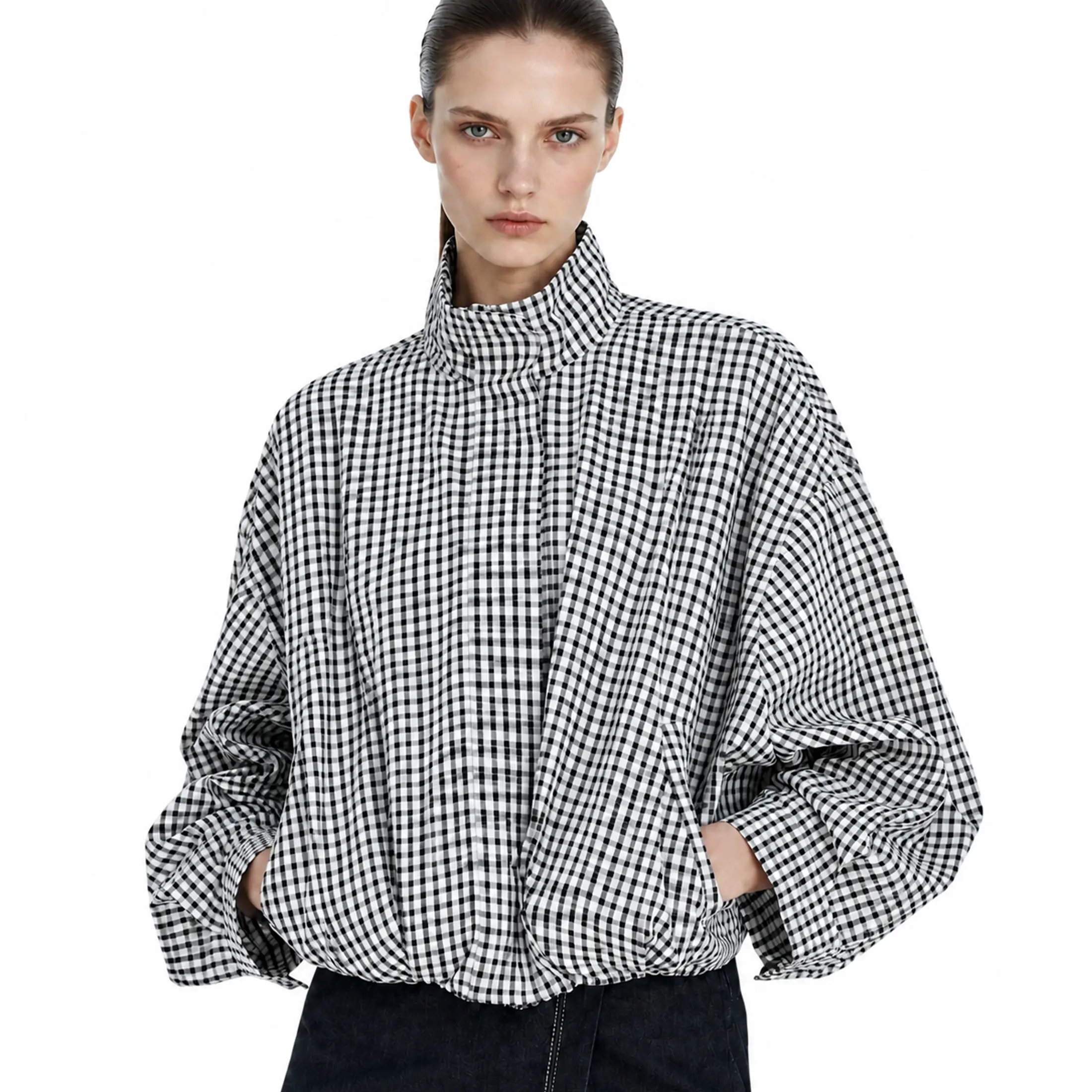 Wandal Women's Oversized Vintage High Neck Gingham Blouse - Cotton Woven, Balloon Long Sleeve, Aesthetic Checkered Blouses & Shirts with Chic Styles for Coffeeshop Fit,sohochic