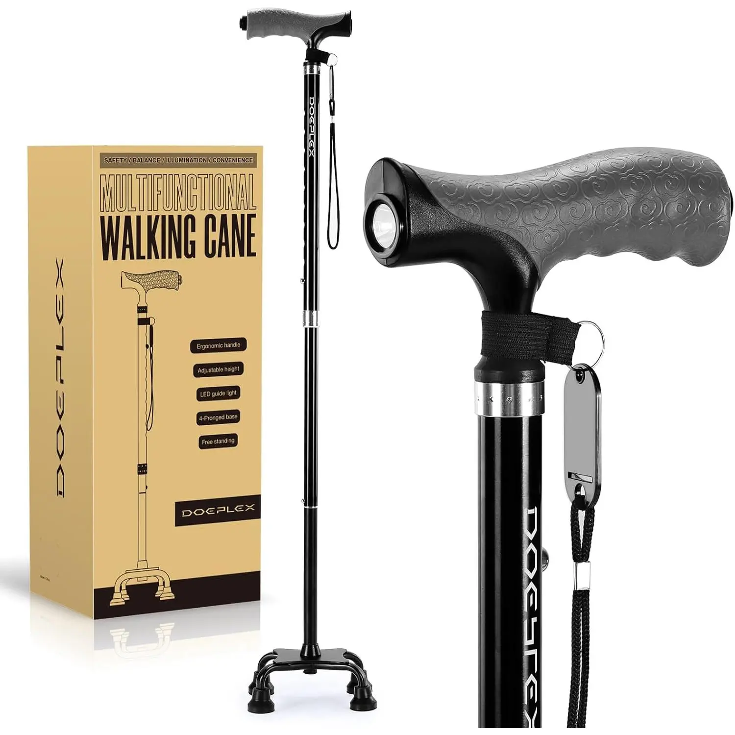 Quad cane with led light for men women adjustable walking cane with large 4pronged base for stability walking stick for seniors adults balance