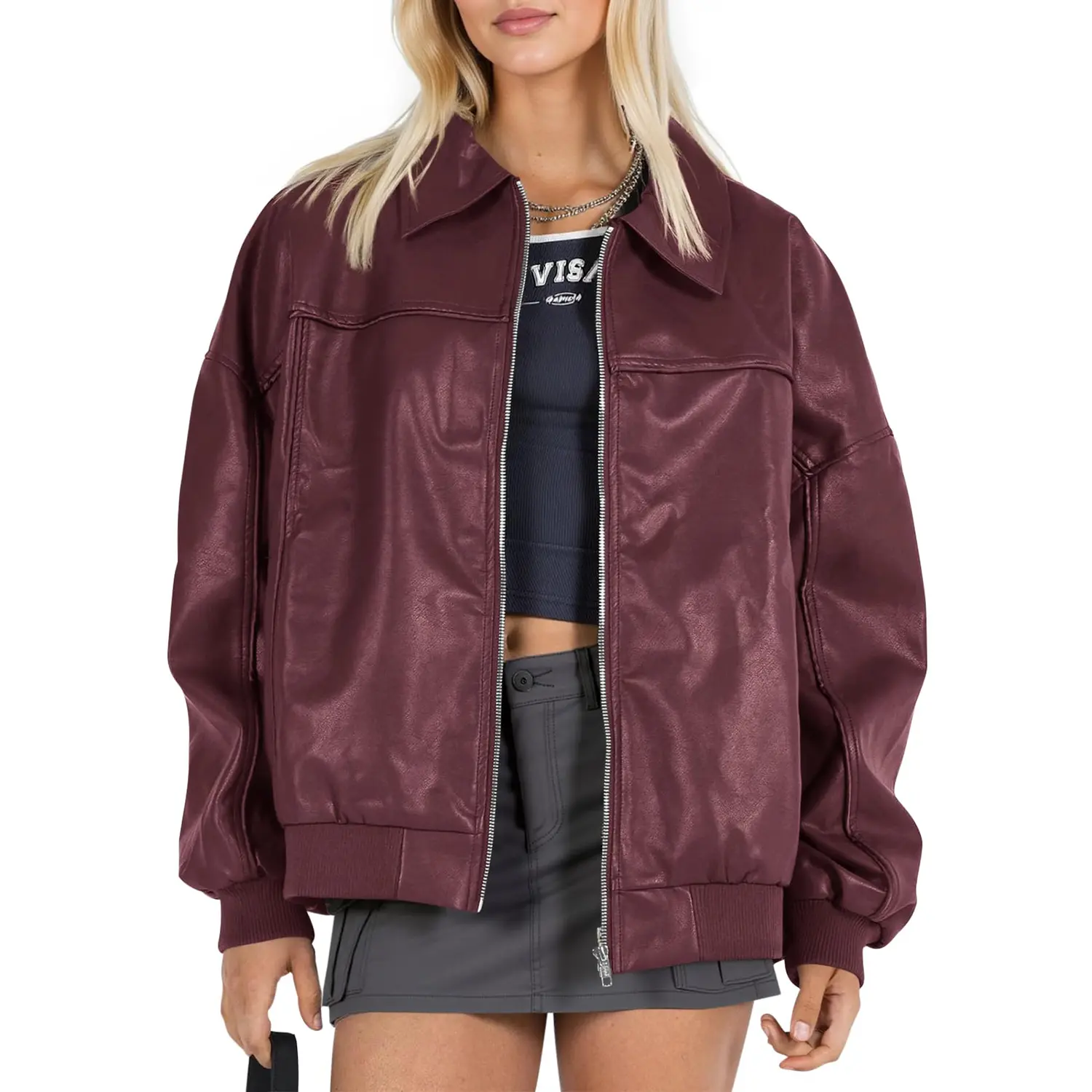 Danedvi Women's Aesthetic Faux Leather Oversized Bomber Jacket - Long Sleeve, Comfortable Lightweight Loose Moto Biker Coat with Collar, Zip-Up Women's Clothes for Casual Fall, Formal Outfits