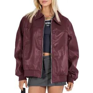 Womens Faux Leather Jackets Oversized Bomber Casual Fall Fashion Zip Up Moto Biker Coats