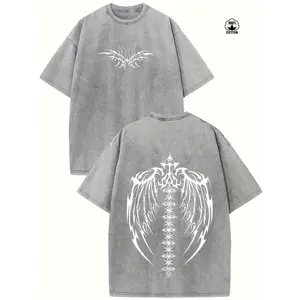 Vintage Washed Oversized Multicolor Cotton T Shirt Double Sided Wing Print Short Sleeve Crewneck Loose Fit Casual Streetwear Fashion Top Retro Aesthetic Daily Wear Classic Multi Tone Graphic Tee for Men Women All Season Casual Apparel