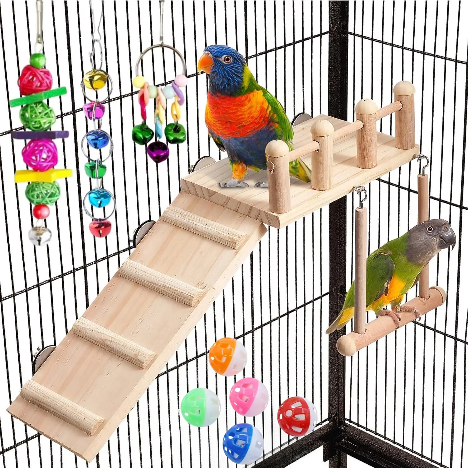9 pieces parrot toy set, including wooden habitat platform, gnawing toys, and toy balls, perfect for grinding, climbing exercise, and psychological enrichment - suitable for cockatoos, cone tailed parrots, and peony parrots