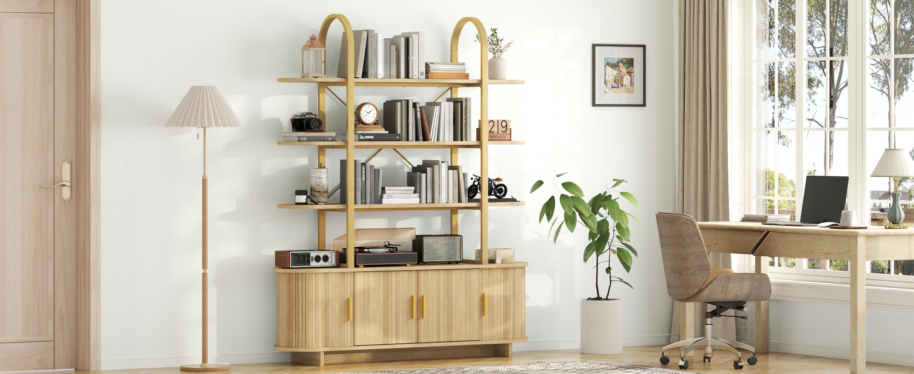 Mid-Century Modern Curved Bookcase, 4-Tier Fluted Arched Bookshelf with Sliding Tambour Doors and Closed Storage Cabinet, Multi-Functional Wide Display Cabinet, Freestanding Book Organizer for Living Room, Bedroom, Home Office(1pc))