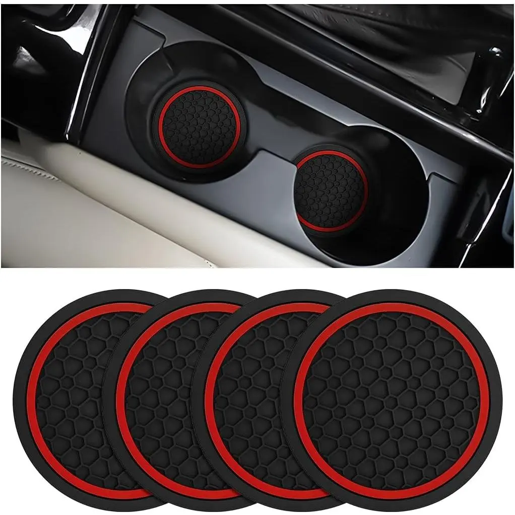 4PCS Car Cup Holder Coasters - 2.75in Non-Slip Dustproof Car Accessory Mats, Universal Insert Pads for Vehicles, Trucks (Black/Red), Car Interior Kit