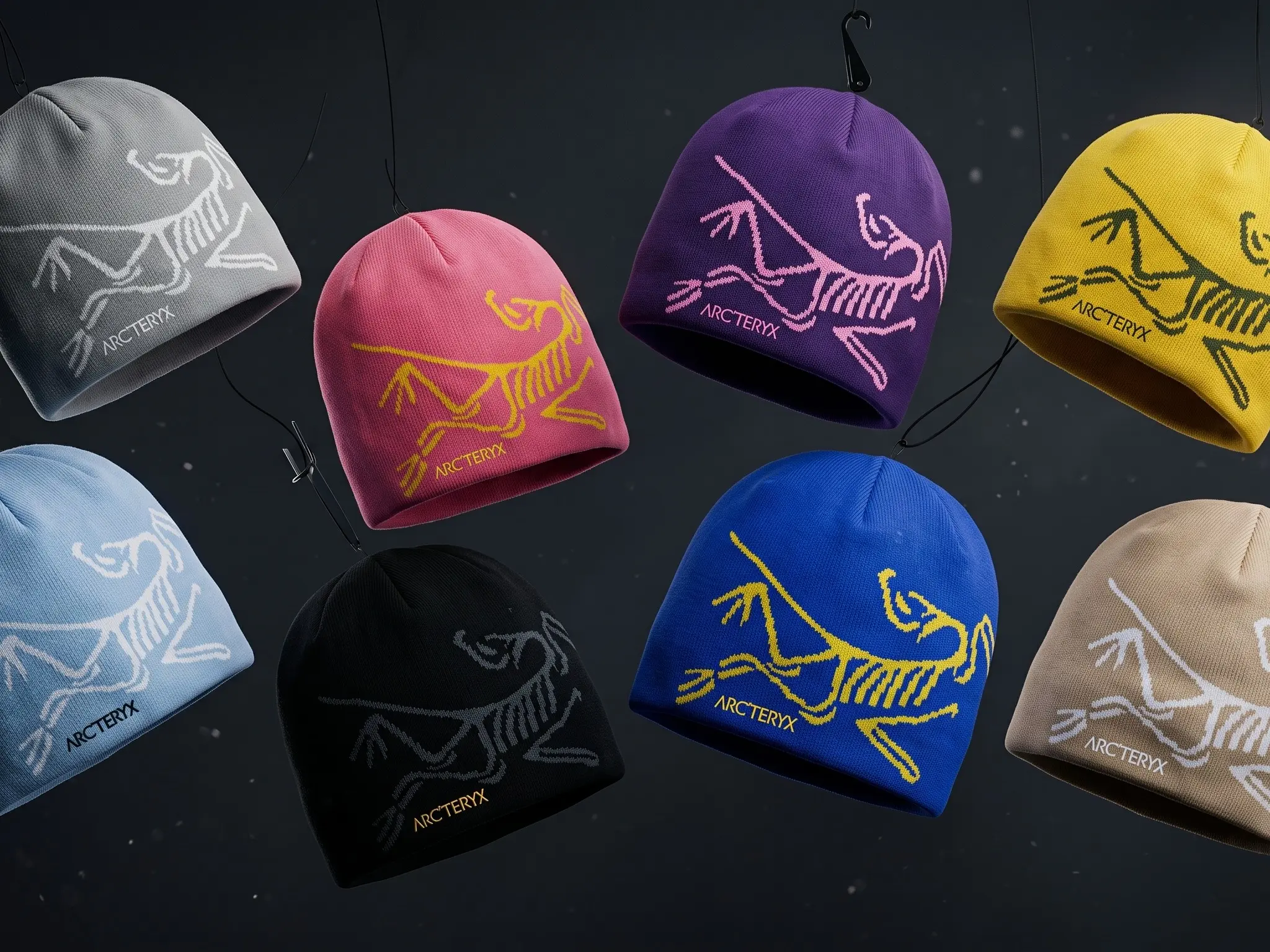 Arc'teryx Gorpcore Scattered Assortment Knit Beanies | Fossilized Raptor Embroidery Winter Headcovers | Floating Array Multi-Color Pack