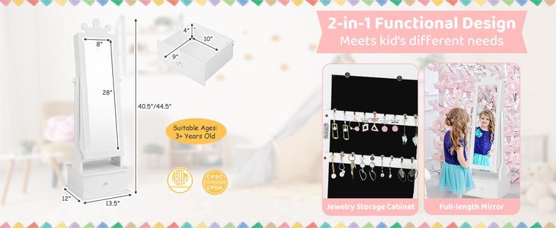 [Costway]-  Kids Jewelry Armoire Cabinet, Wooden Standing Jewelry Organizer with Full-length Mirror and Storage Drawers, gifts birthday,Christmas Festival Gift Black Friday Cyber Monday