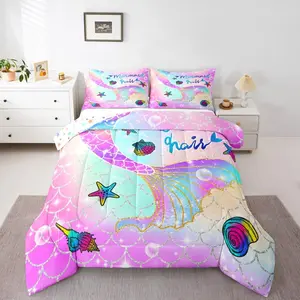 Feelyou Mermaid Designer Comforter Set - Rainbow Mermaid Tail Printed Decorative Bedding, Reversible Stars Quilt, Breathable Duvet with Microfiber Softness for Comfy Bed Sets, Breathable Duvet Set