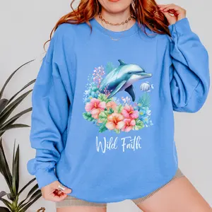 Wild Faith Dolphin Sweatshirt for Women Cute Ocean Crewneck Christian Beach Hoodie with Tropical Florals & Bright Dolphin Design