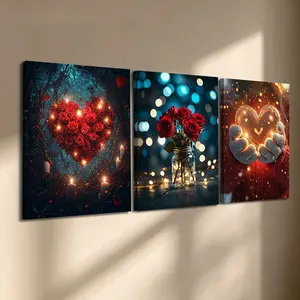 3 Pcs/Set Wooden-Framed Canvas Painting, Romantic Red Rose & Glowing Heart Triptych Canvas Wall Art, Love Themed Print for Living Room, Bedroom, Office Decoration, Modern Home Decor, Fashion Artistic Ornaments, Artwork