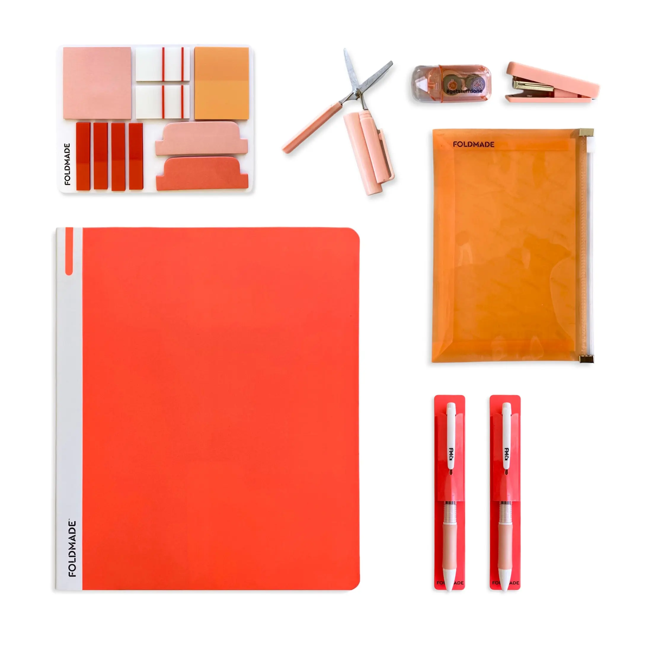 Foldmade Orange Binder & Accessory Bundle - Eco-Friendly Pressboard Binder, Sticky Notes, Pen/Pencil Set, Scissors, Stapler, Zipper Pouch - Compact, Portable, Gift Ready BTS