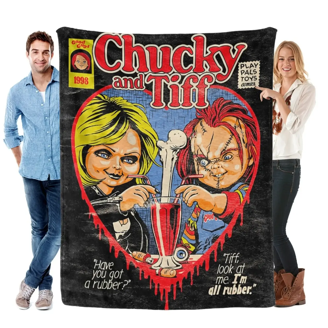 Chucky and Tiff Movie Flannel Blanket Vintage Comic Style Throw With Iconic Doll Couple Design Ultra-Soft Cozy Bed Sofa Adults Goth Bedroom Aesthetic Vintage Comic Book Art Bedding Movie Fans Merchandise Gift