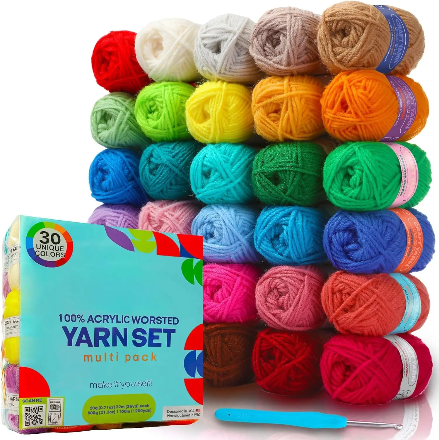 Yarn for Crocheting and Knitting - 30x20g Skeins of #4 Worsted Weight, 1200 Yards of Soft Yarn,  for Amigurumi and Other Small Crafts Projects