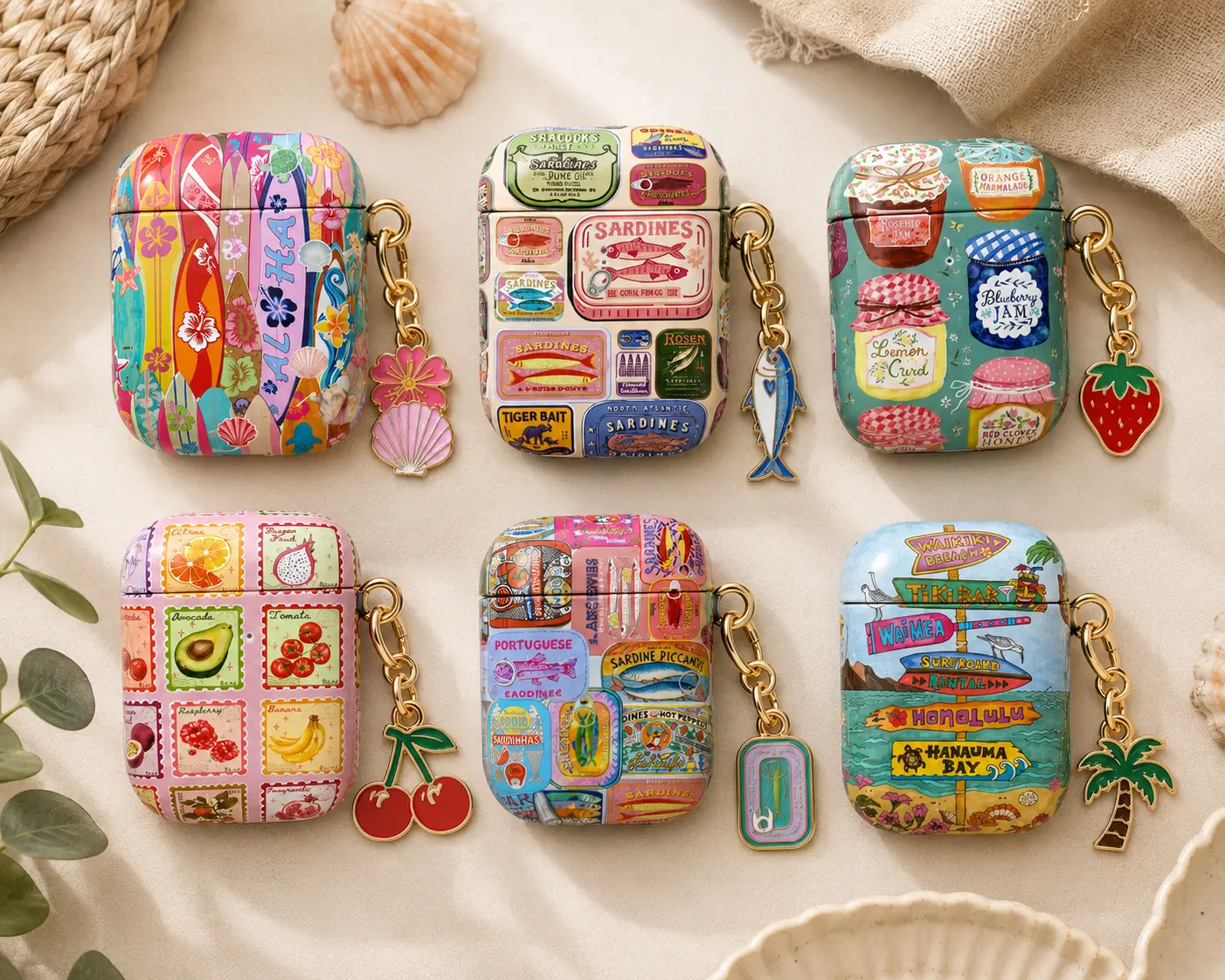 NO KEYCHAIN Coastal Summer AirPods Case, Beach Surf AirPods Pro Cover, Vintage Sardines Tin, Fruit Label & Jam Jar AirPods Gen 1 2 3 4 Case, Tropical Vacation Aesthetic Gift