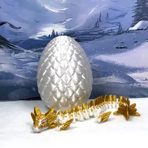 3D Printed Articulated Axolotl Dragon with Dragon Egg, Decorative White and Gold Articulated Design, Made in USA, Fidget ADHD Accessory