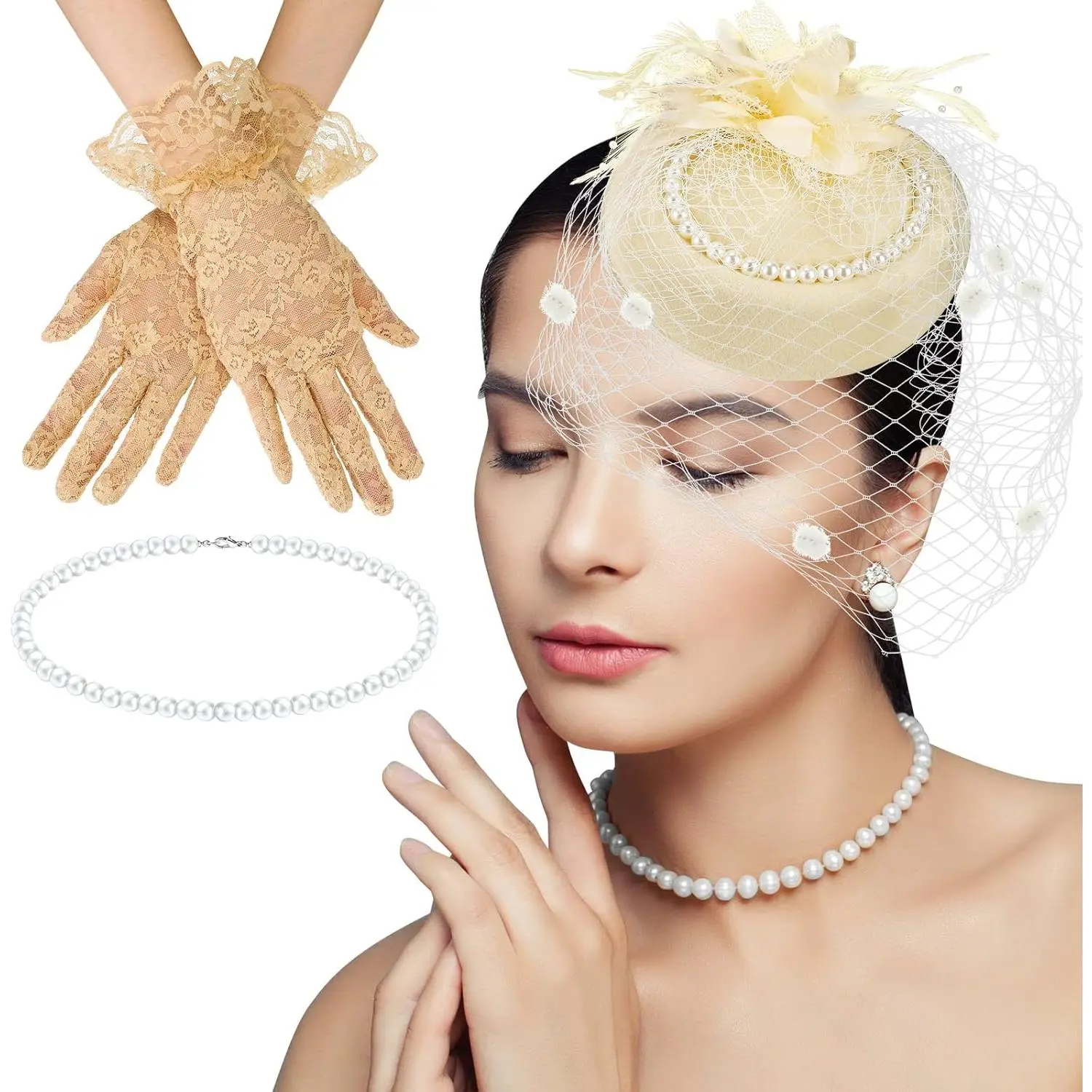 Women's Vintage 3-Piece Fascinator Hat Set with Veil, Feather, Lace Gloves & Pearl Necklace - Bridal, Tea Party, Derby, Funeral Wedding Accessory