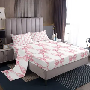 Ribbon Bow Bedding Set for Kids Girls Teen Women,Pink Girly Bowknot Sheet Set,Cute Fantasy Princess Bed Sheets Kawaii Bow Tie 1 Fitted Sheet 1 Flat Sheet