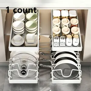 Expandable Pot Lid Organizer Rack with Drawer Design, Adjustable Storage, Large Capacity Metal Kitchen Storage Shelf, Space-Saving Home Organization Essential