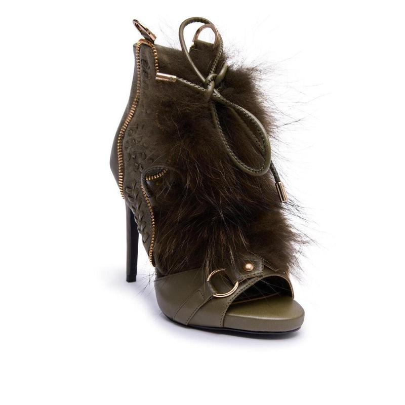 AZALEA WANG SHAINY OLIVE FUR SANDAL