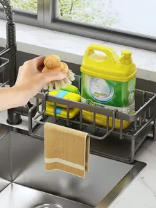 Self-Draining Kitchen Sink Caddy, Sponge & Scrubber Holder with Storage Basket, Sink Tray for Dish Brushes, Countertop Organizer Rack