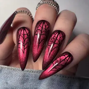 Cat Eye False Nails, Sharp European Style Nail Tips, High-End Spider Design, Press-On Fake Nails for Girls, Dating Party Wear