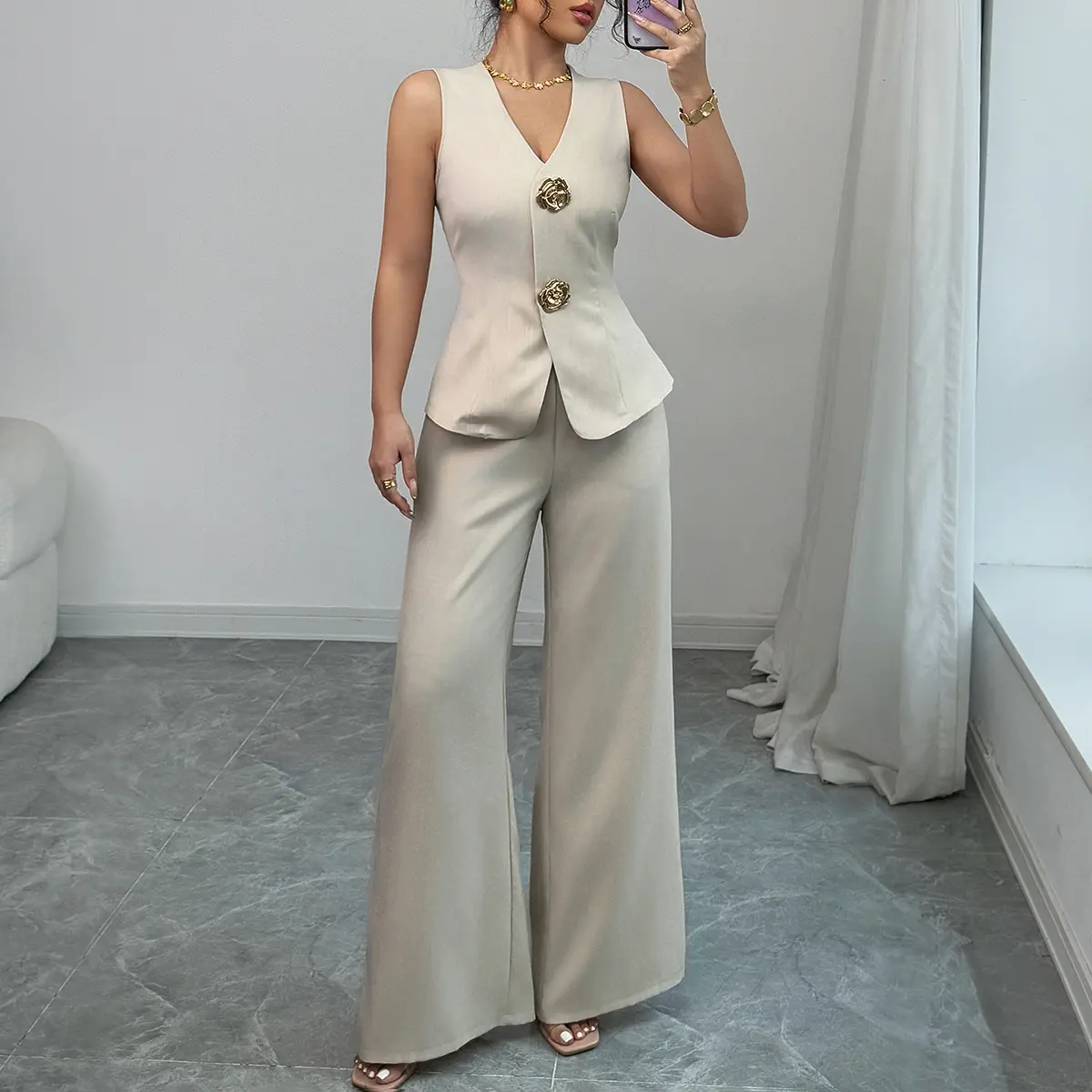 Chic 2-Piece Trouser Set for Women, Plain Sleeveless Button-Down Vest with Woven Wide Leg Pants Summer Work Outfit, Fabric, Fitted Cut