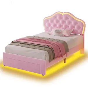 Sikaic Twin Size Velvet Princess LED Bed Frame Pink