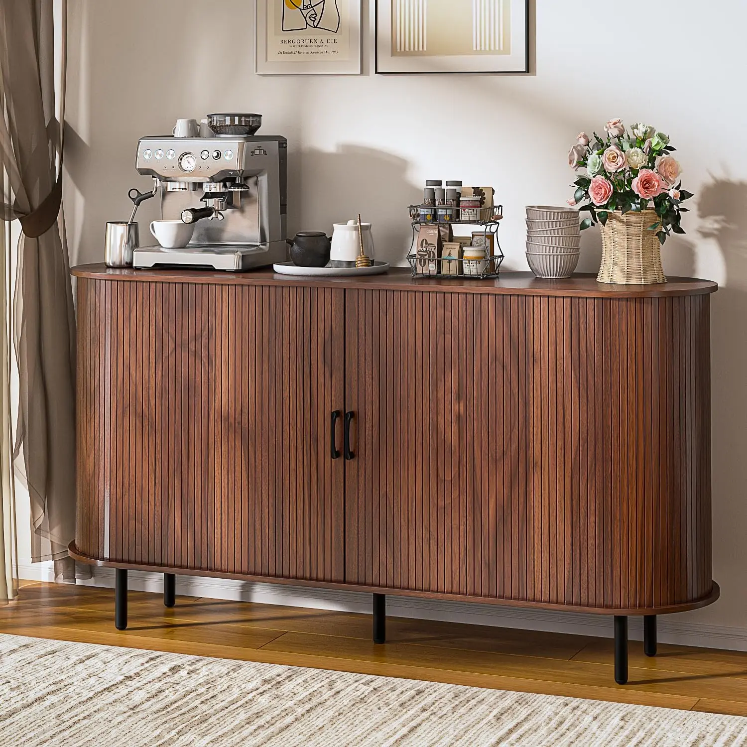 [Summer Vibes]  PUKAMI Sideboard Buffet Cabinet with Storage, 55" Fluted Storage Cabinet with Tambour Sliding Doors, Wood Coffee Bar Console Table for Living Room Hallway Entryway